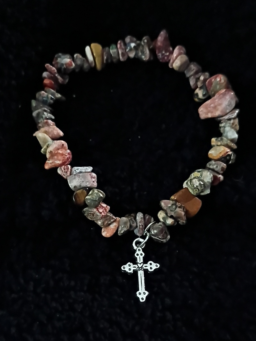 Gemstone Chip Women's Bracelet With Cross Charm